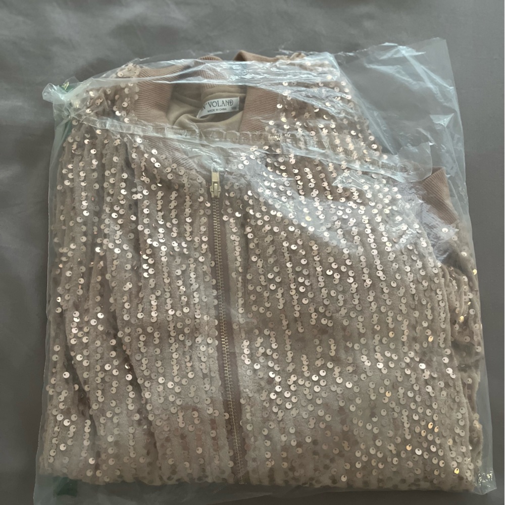 Amazon XL Satin Sequin Champaign Buff Gold Zipper Bomber Jacket NWT